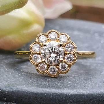 14k Yellow Gold .81 CTW Round Diamond Flower Halo Engagement Ring - DSR-23596